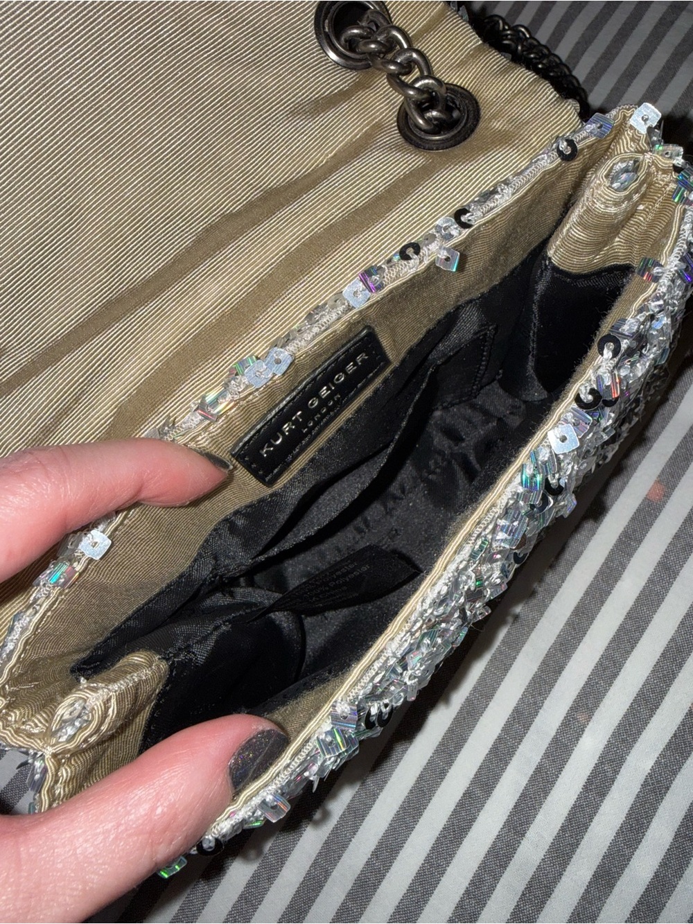Kurt Geiger London Mini Kensington Silver Sequin Crossbody Bag - Picture 6 of 9